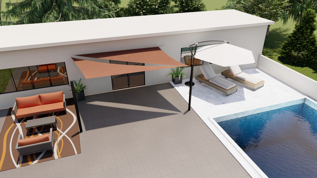 2 toiles triangles orange piscine avec poteaux. Terrasse bois ou carrelage, mât inox ou fer fixés sur platines